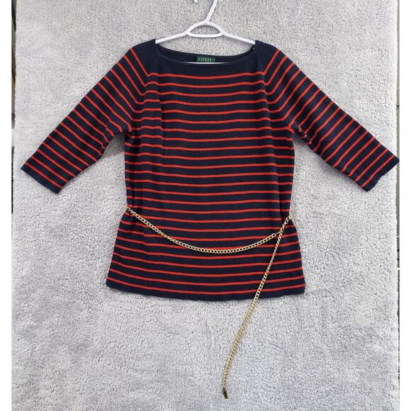 Lauren Ralph Lauren Sweaters - Ralph Lauren Sweater Womens 2X Navy Blue Red Striped Knit Boat Neck Gold Belt